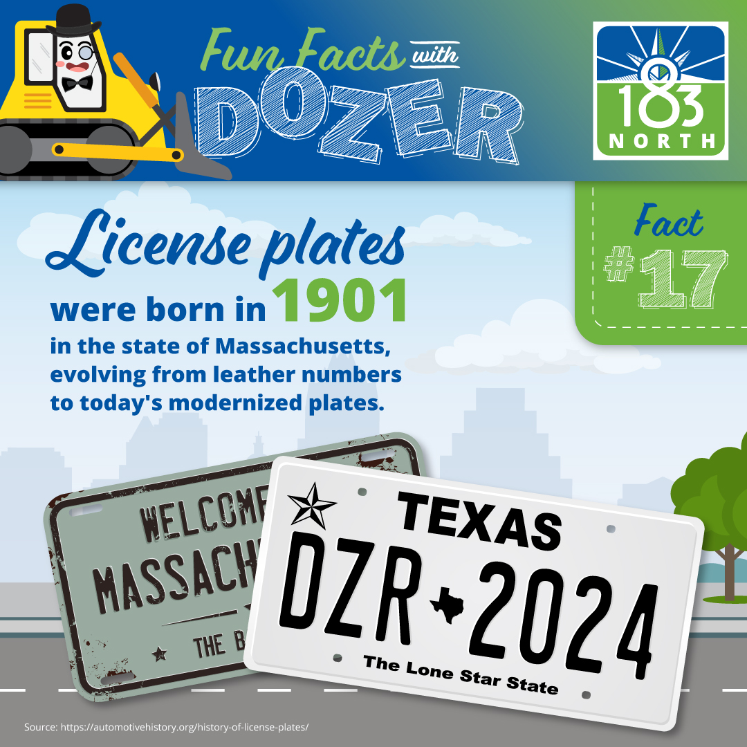 •	Fun Fact #17: License plates were born in 1901 in the state of Massachusetts, evolving from leather numbers to today’s modernized plates. A Texas license plate and a Massachusetts license plate in the foreground with a road and tree in the background.